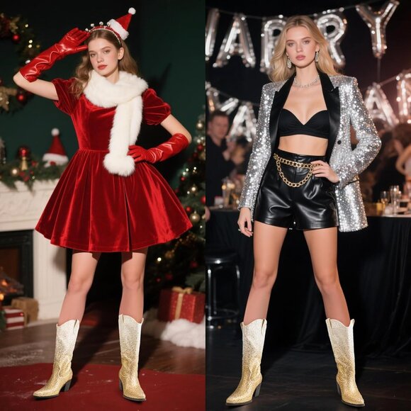 ⚡Women’s Gold Silver Rhinestone Cowboy Boots Mid Calf Pointed Toe Block Heel - Picture 4 of 6